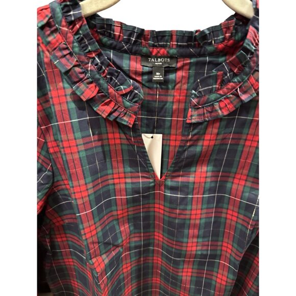 NWT Talbot Plaid Ruffle Collar Top Petite Medium PM Red Green Silver Sparkle - Picture 2 of 4